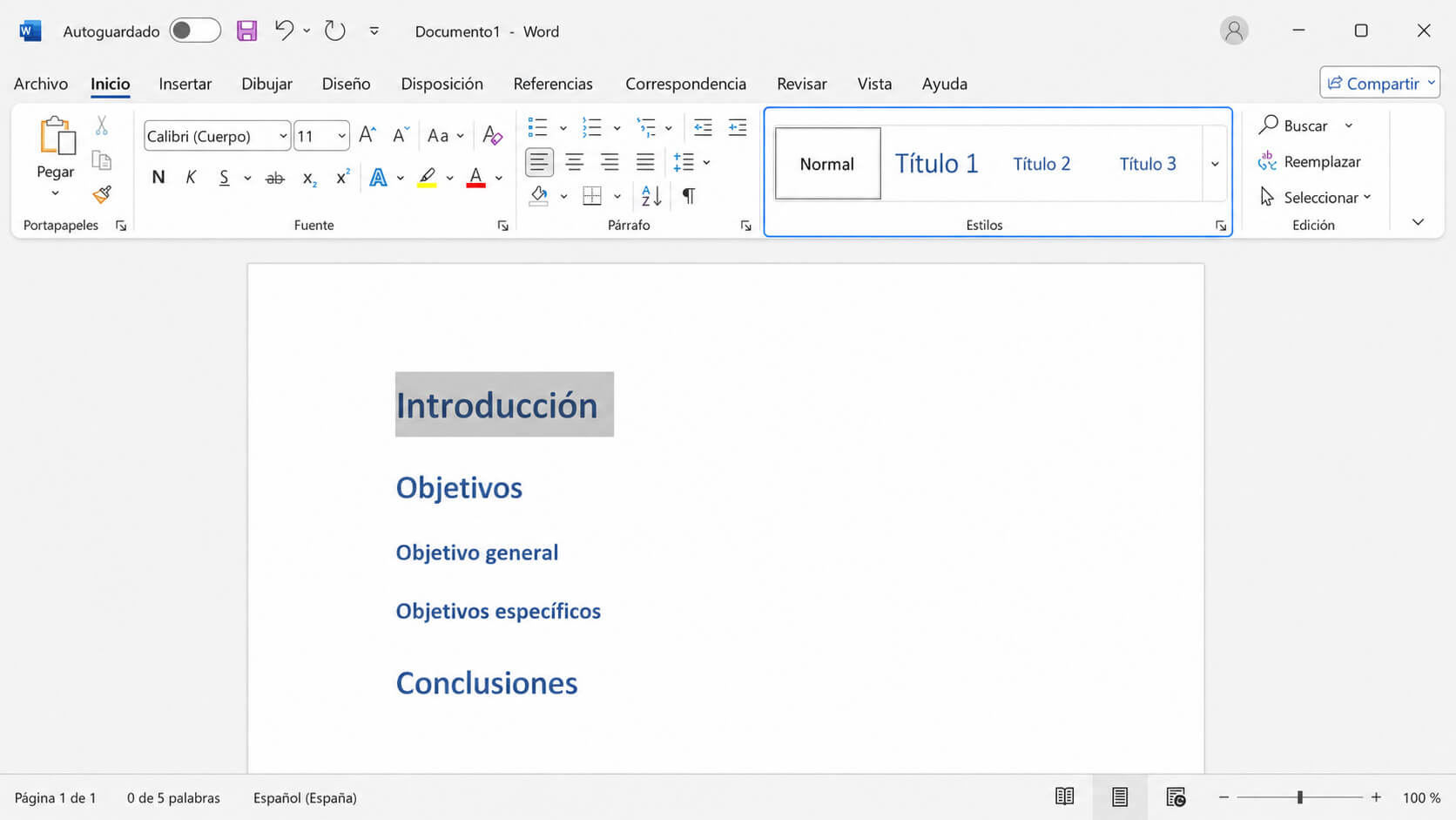 Aplicar estilos Título 1, Título 2 y Título 3 en Word