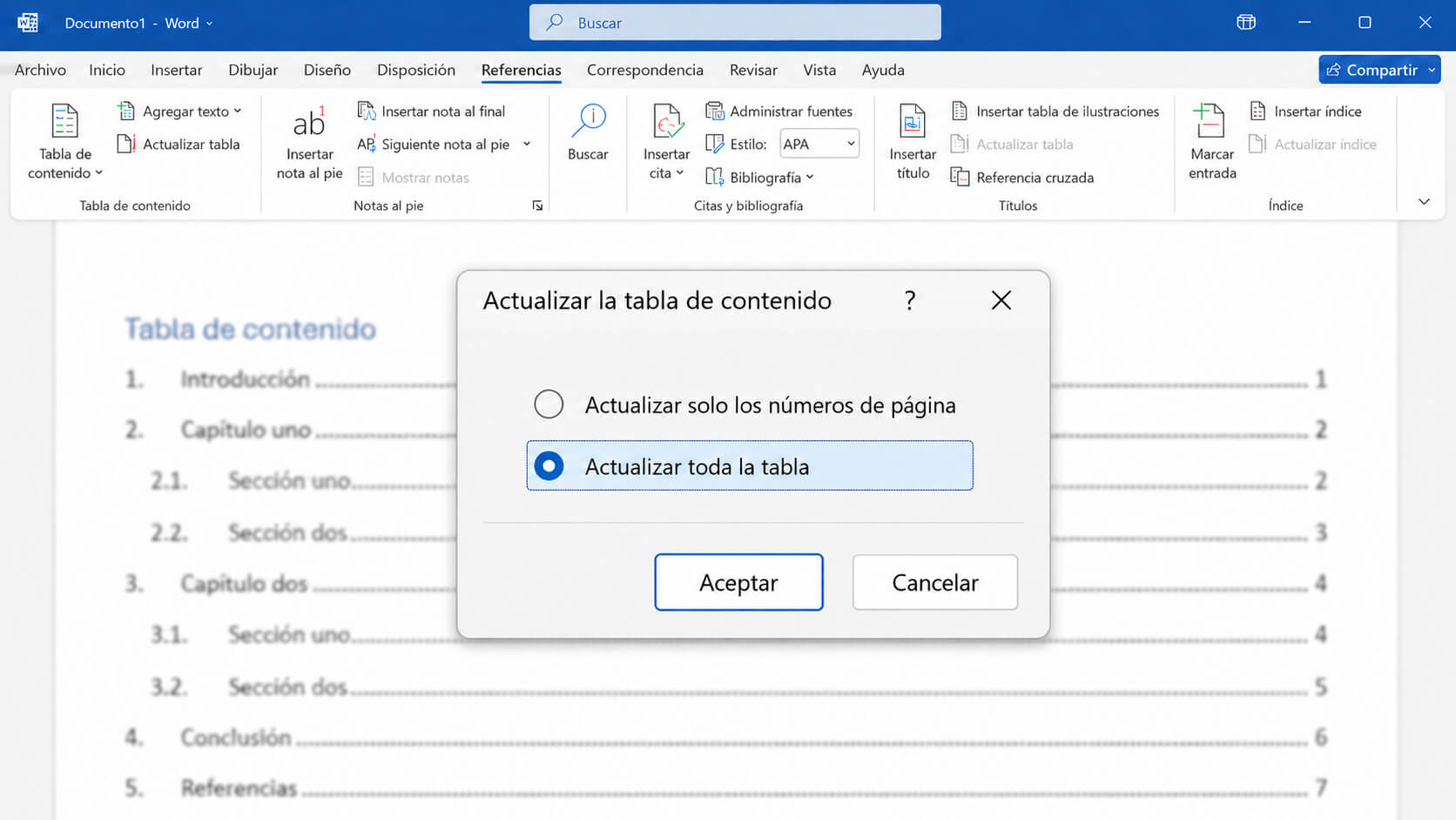 Actualizar toda la tabla de contenido en Word