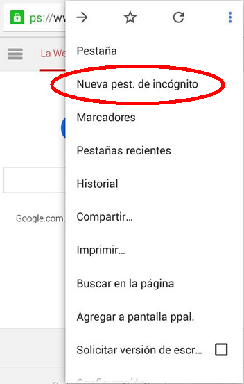 Modo incognito en Google Chrome